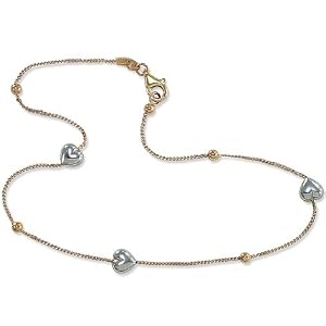 Gold Ankle Bracelets: 14k Anklet with White Gold Puffy Hearts 10 Long by
