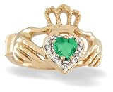 14K Yellow Gold Genuine Heart Emerald and Diamond Celtic Claddagh Ring