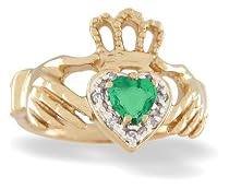 14K Yellow Gold Genuine Heart Emerald and Diamond Celtic Claddagh Ring
