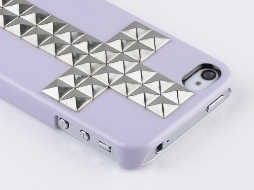 FJX Fashionable Handmade Silver Pyramid Studs Spikes Cross Hard Case Cover for Apple iphone 4 4G 4S (Light Purple)