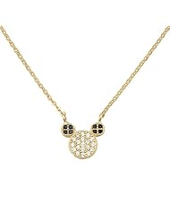14K Yellow Gold High Polish Black and White CZ Mickey Mouse Charm Pendant Necklace with Spring-ring Clasp - 17"+1" Inches Extension