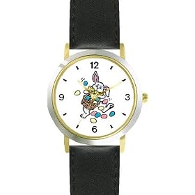 Bunny Spilling Easter Egg Basket Easter Theme - WATCHBUDDY� DELUXE TWO-TONE THEME WATCH - Arabic Numbers - Black Leather Strap-Children's Size-Small ( Boy's Size & Girl's Size )