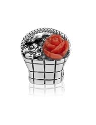 Best Gift for Mom. Sterling Silver Pandora Style Flower Basket Charm Bead with Coral Red Color Flower, Fits Pandora, Chamilia , Troll Bracelet
