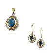 Sterling Silver and 14K Yellow Gold Cabochon London Blue Topaz Earrings and Pendant