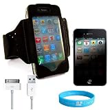 Black Exercise Armband for iPhone 4 + Private Screen Protector + OEM Data Cable + Wisdom * Courage Wristband