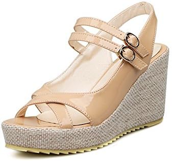 QueenFam Womens Open Toe High Heel Platform Wedge PU Patent Leather Solid Sandals with Buckle, Apricot, 38