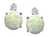 0.64 cts Genuine Round Opal and Diamond Earring Studs - 14kt White or Yellow Gold