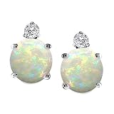 1.04 cttw 14K White Gold Genuine AAA 6mm Round Opal and Diamond Earring Studs in 14k White Gold