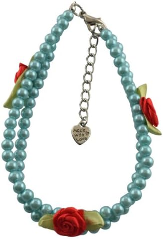 Dogloveit Pet Puppy Cat Dog Accessories Pearl Necklace w/ Red Rose Lovely Jewelry for Pet Dog Cat (Blue, L)