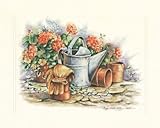 IMAGE OF Watering Can Geraniums MUSEUM WRAP CANVAS Print With Added Heavy BRUSHSTROKES Peggy Thatch Sibley 20x16