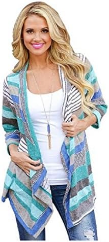 Women's asymmetric stripe splicing 7 minutes of sleeve cardigan (X-Large/US L , Blue)