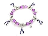 Silver Tone and Purple Beaded Awareness Ribbon Stretch Bracelet