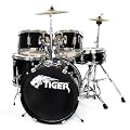Tiger Junior Drum Kit 5 Piece in Black for Kids - With Drum Stool, Sticks and Drum Key - FREE 2 Year Warranty
