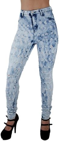 DSJ1686 - Super High Rise, Butt Lift, Ripped, Bleached, Stretch Skinny Jeans in Bleached Light Blue Size 7