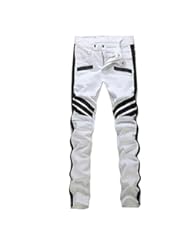 Apparel: Krralinlin Men White Straight Distressed Ripped Denim Casual Pants Skinny Jeans