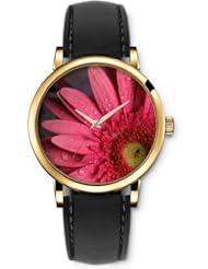 SPRAWL Aanalog Fashion Series Gold Ladies Watches of Genuine Black Leather Strap,Unique Wrist Watch for Women Girls Designed with red Daisy