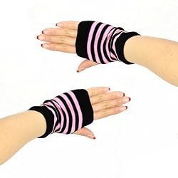 Knit Stripe Hand Warmer Fingerless Computer Gloves Pink with Black