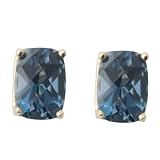 10k Yellow Gold 7x5mm Cushion London Blue Topaz Stud Earrings