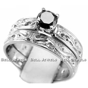 Fancy-Black Diamond Engagement Ring & Wedding Band Set 14k White Gold Antique Style