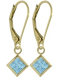 Girls 14K Yellow Gold 1.50 Carat Princess Cut Square 5mm Genuine December Blue Topaz Leverback Gem Earrings