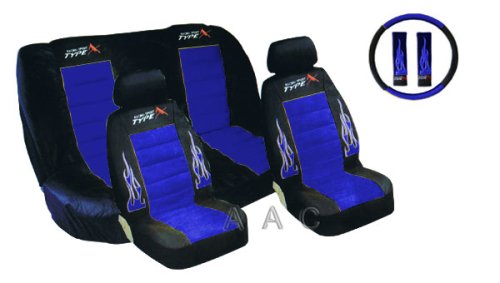 A Set of Low Back Type X Racing Style Front Bucket Seat Covers, Bench Seat Cover, Steering Wheel Cover and Shoulder Strap Cover - Blue