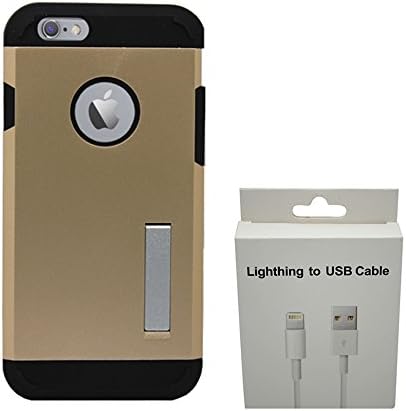 iPhone 6 Charging Cord - AND iPhone 6 Dual Layer Case - 2 piece Protective Rubber Case - Fits iPhone 6 (4.7" Screen) - Includes OEM Lightening USB Charge &amp; Sync Cable [BUNDLE, 2 pieces] (Dual Layer Gold)