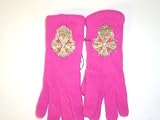 G310f, Hand Trimmed Fushia Angora Gloves Trimmed with Pearl Studded Patch for Women and Teens.