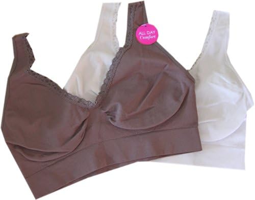 Delta Burke Soft Lightweight Seamless Comfort Bras Set 2 (Plus Size 3X, 1 Taupe 1 White Lace Trim Set of 2)