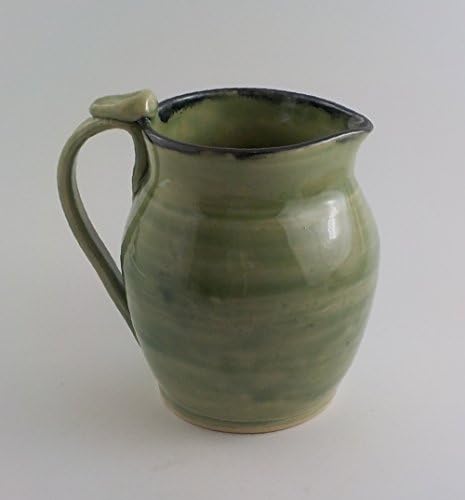 Stoneware Pitcher - Handmade Ceramic Pouring Vessel - Beverage Server - Wheel Thrown Table Vase - Celadon Green with Black Rim