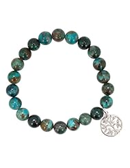 Tree of Life Charm in Sterling Silver on Chrysocolla Genuine Gemstone 8mm Bead Stretch Bracelet, 7 Inch Length, #7195