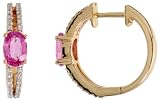 14k Gold Diamond Huggie Hoop Earrings, w/ 1.25 Total Carat Brilliant Cut Diamonds & Oval Cut Pink Sapphire Stones, 11/16 (17mm)
