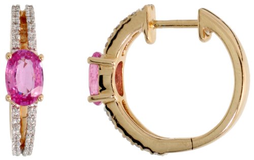 14k Gold Diamond Huggie Hoop Earrings, w/ 1.25 Total Carat Brilliant Cut Diamonds & Oval Cut Pink Sapphire Stones, 11/16 in. (17mm)