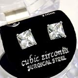 Gorgeous Square Cut Cubic Zirconia 7mm Stud Earrings in Ice Cube Gift Box Silver Tone