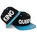 Trendy Apparel Shop King and Queen White Embroidered Flat Bill 2-Tone Ball Cap - 2pc Set - Black Teal