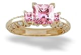 14K Yellow Gold Square Created Pink Sapphire and Diamond Ring