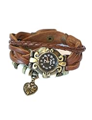 Brown Leather Antique Gold Bronze Heart with Wood Beads Bohemian Bracelet wrist watch 7" to 8 1/4"