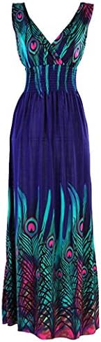 Sexy Women Milk Silk Peacock Totem V-Neck Long Maxi Dress Size L - Blue