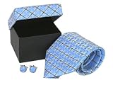 Silver, Gray, and Blue Windowpane 100% Silk Necktie & Cufflinks