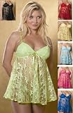 Plus Size Lace Babydoll with Ribbon Trim and Matching Sheer Thong in Various Colors 1x 2x 3x