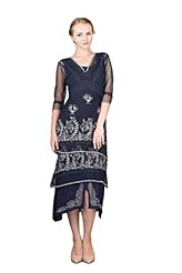 V-neck Cotton/Rayon/Tulle Tea Length Vintage Lace Embroidered  Dress