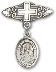 Sterling Silver Baby Badge with St. Genevieve Charm and Badge Pin with Cross