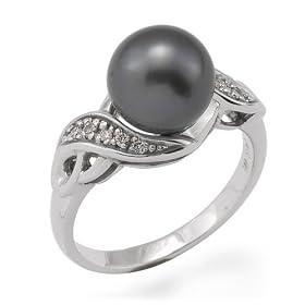 Tahitian Black Pearl Ring with Diamond in 14K White Gold by Maui Divers of Hawaii
