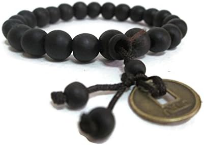 Thai Buddhist Wooden Prayer Blessed Beads Mala Black color with Coin Artifact Wristband Bracelet from Thailand