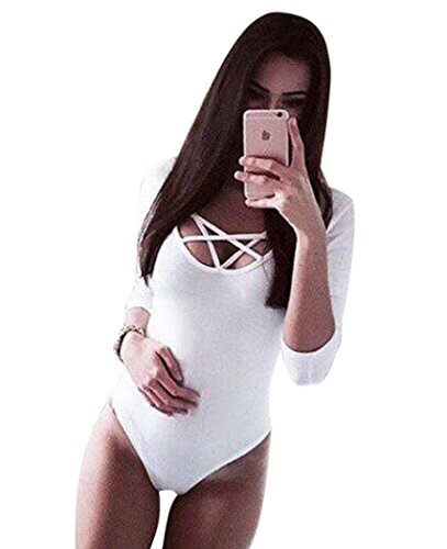 Aro Lora Women's 3/4 Sleeve Sexy Cross Bandage Bodysuits Jumpsuits
