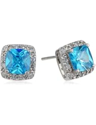 Sterling Silver Square and Clear Pave Border Cubic Zirconia Stud Earrings