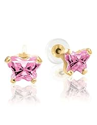 Pink Butterfly Cubic Zirconia Earrings in 14kt Yellow Gold - Post W/ Back