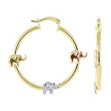 18 KT Gold Layered with Three Tone Elephant Accents Hoop Earrings with Hinged Snap Posts