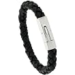 Stainless Steel & Braided Black Leather Bracelet, 3/8 in. (9 mm) wide