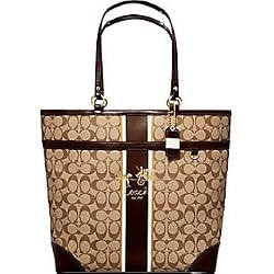 Coach Heritage Stripe Large Tote in Khaki/Mahogany 12354