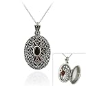 Sterling Silver Filigree Marcasite Genuine Garnet Cross Locket